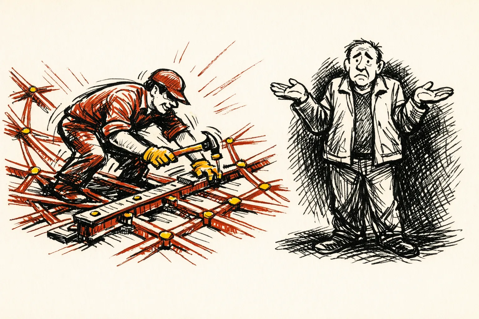 Editorial illustration contrasting an active figure building infrastructure and connections against a passive figure merely gesturing in protest, illustrating different national strategic responses to security threats