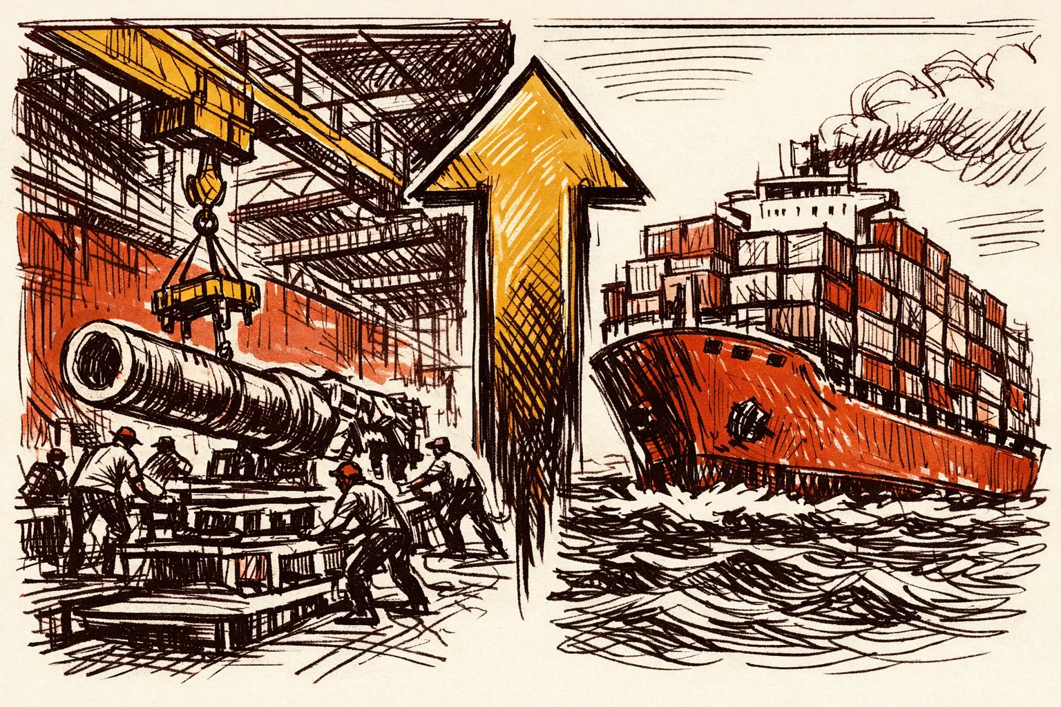 Editorial pen and ink illustration showing a split composition of a military factory assembly line on one side and an export cargo ship on the other, representing the transformation from arms importer to arms exporter as seen in South Korea and India's defence modernisation.