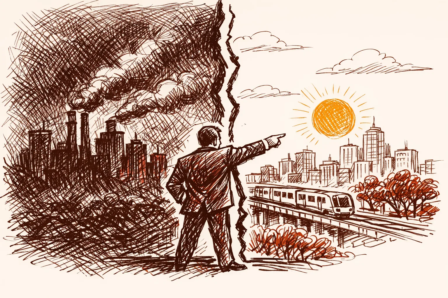 Editorial illustration contrasting a smog-choked city skyline on the left with a cleaner open-sky cityscape on the right, representing Beijing's dramatic air quality improvement from 2013 to 2022