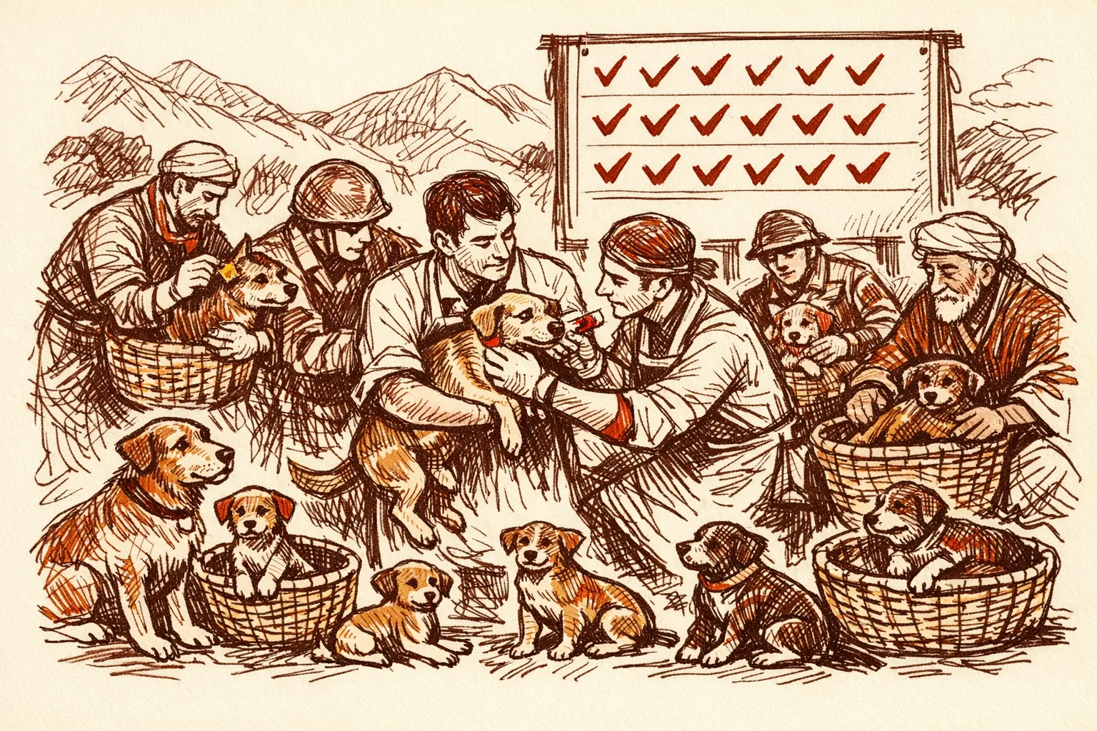 Editorial illustration of a coordinated team including veterinarians, soldiers and farmers vaccinating and sterilizing stray dogs in a nationwide field operation inspired by Bhutan's program