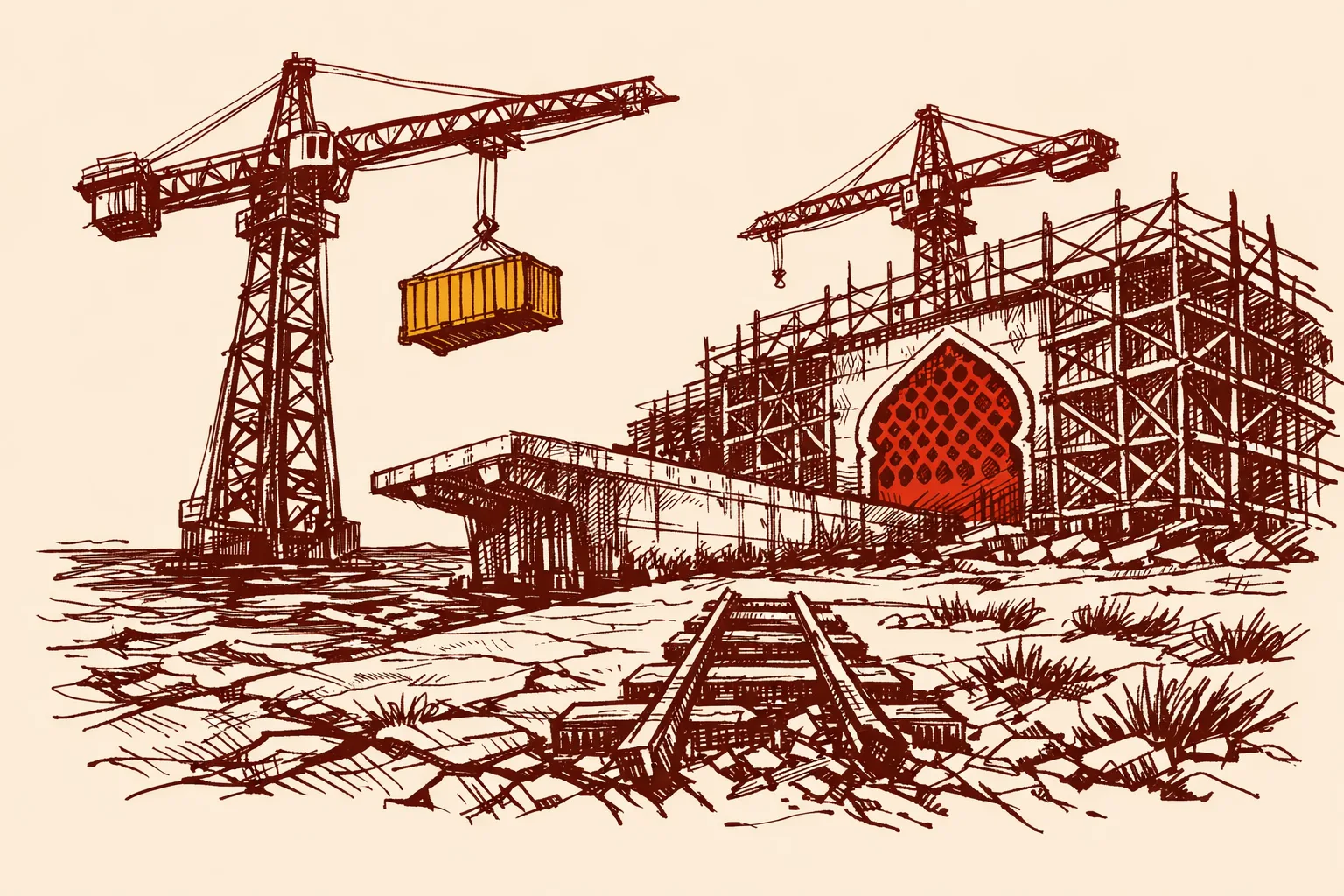Editorial illustration of an unfinished port with frozen cranes and a railway track ending abruptly, representing India's incomplete Chabahar port investment