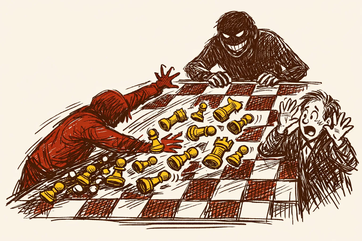 Editorial illustration of a chessboard where one figure on a team sweeps away their own pieces while an opponent watches gleefully, representing how domestic political attacks undermine India's international standing