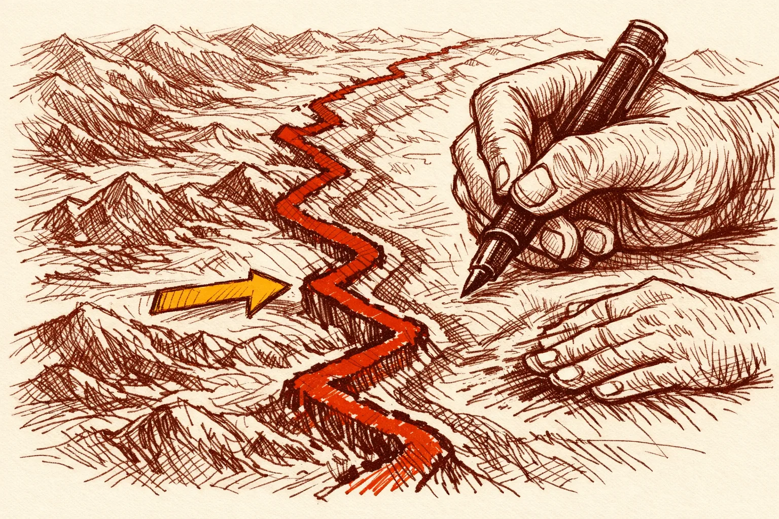 Editorial illustration of a hand repeatedly redrawing a border line further forward across a rough terrain map, with ghost impressions of earlier lines showing the creeping advance