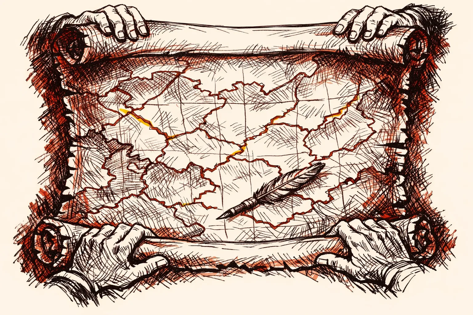 Editorial illustration of aged colonial map scroll being unrolled by hands, with boundary lines being redrawn, symbolizing historical territorial claims being weaponized