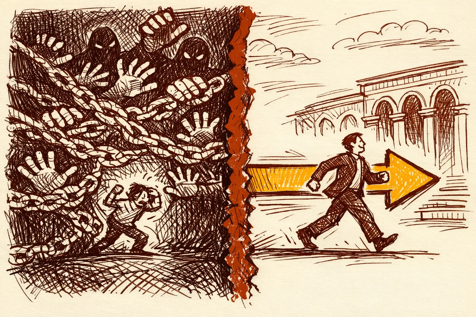 Editorial illustration contrasting two halves: a figure blocked by a tangle of grabbing hands representing corrupt bureaucracy on the left, and a figure walking freely along a clear bold arrow on the right, representing successful anti-corruption reform.