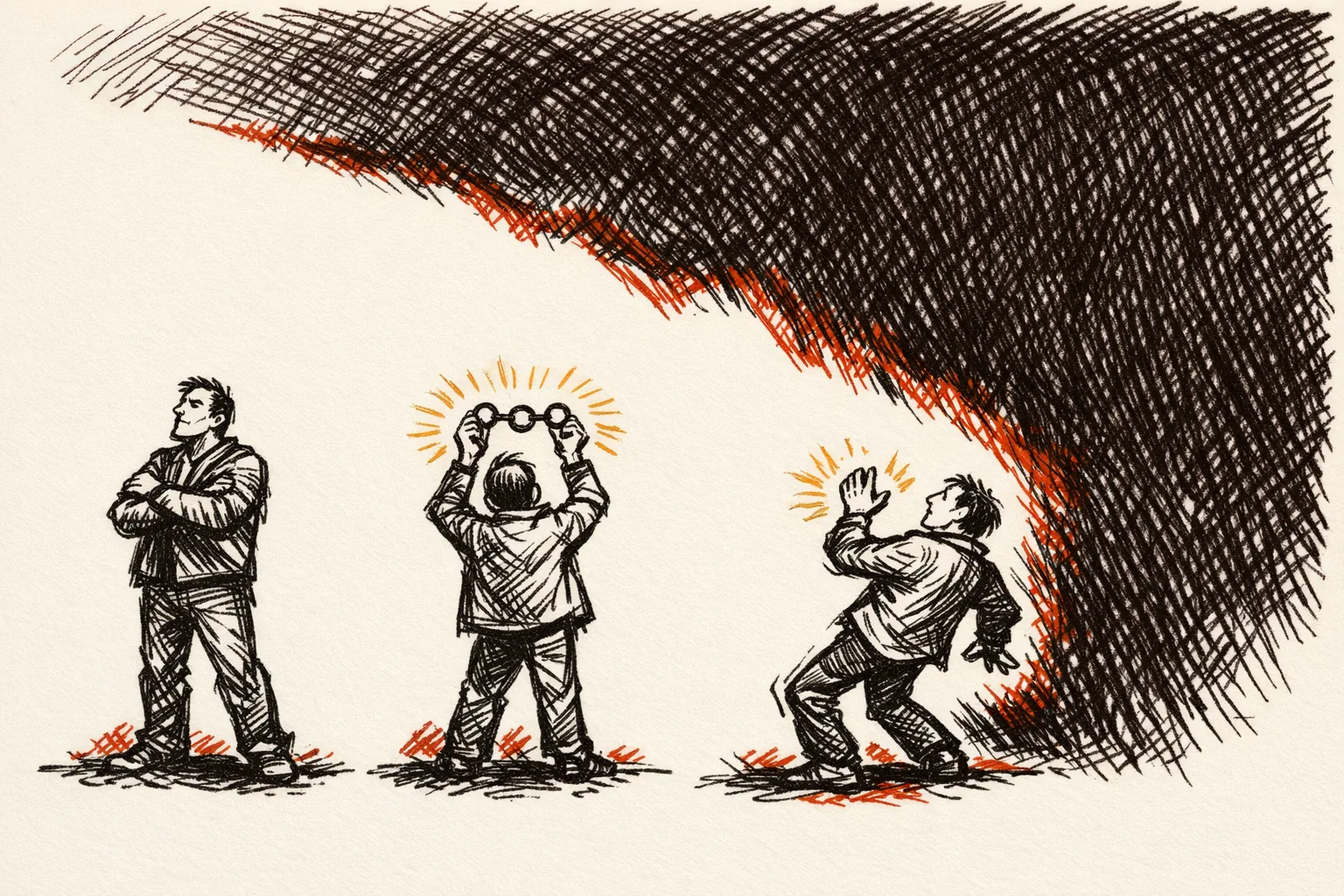 Editorial illustration of three distinct figures standing their ground against a large looming shadow, representing different national strategies for managing pressure from a dominant neighbor