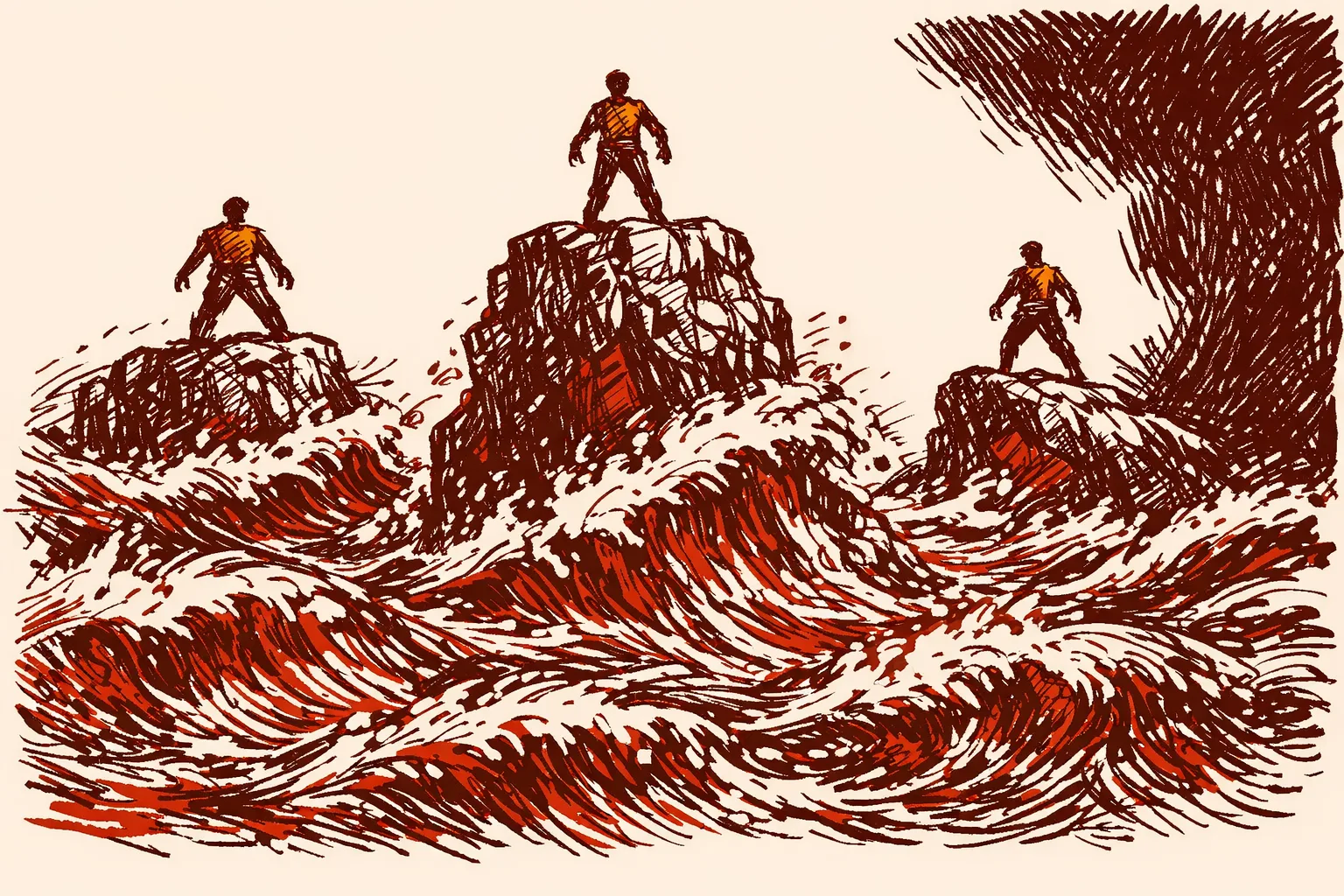 Editorial illustration of three rocky island outcroppings in churning seas, each with a resolute standing figure holding their position against approaching pressure