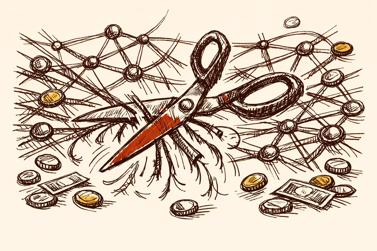 Editorial illustration of large scissors cutting through a sprawling web of financial networks with coins scattering, representing how nations have dismantled terrorist financing infrastructure through sanctions and asset seizures