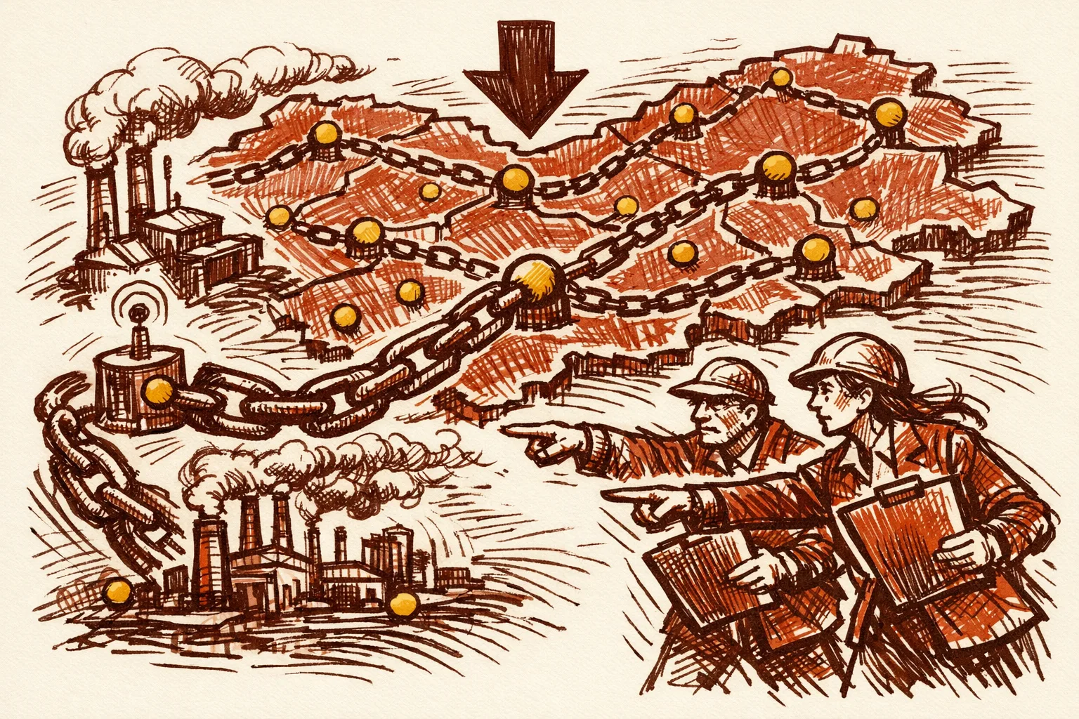 Editorial illustration showing government officials inspecting industrial sites, a regional sensor monitoring network, and bold chain links representing the accountability mechanisms needed to fix Delhi's air pollution