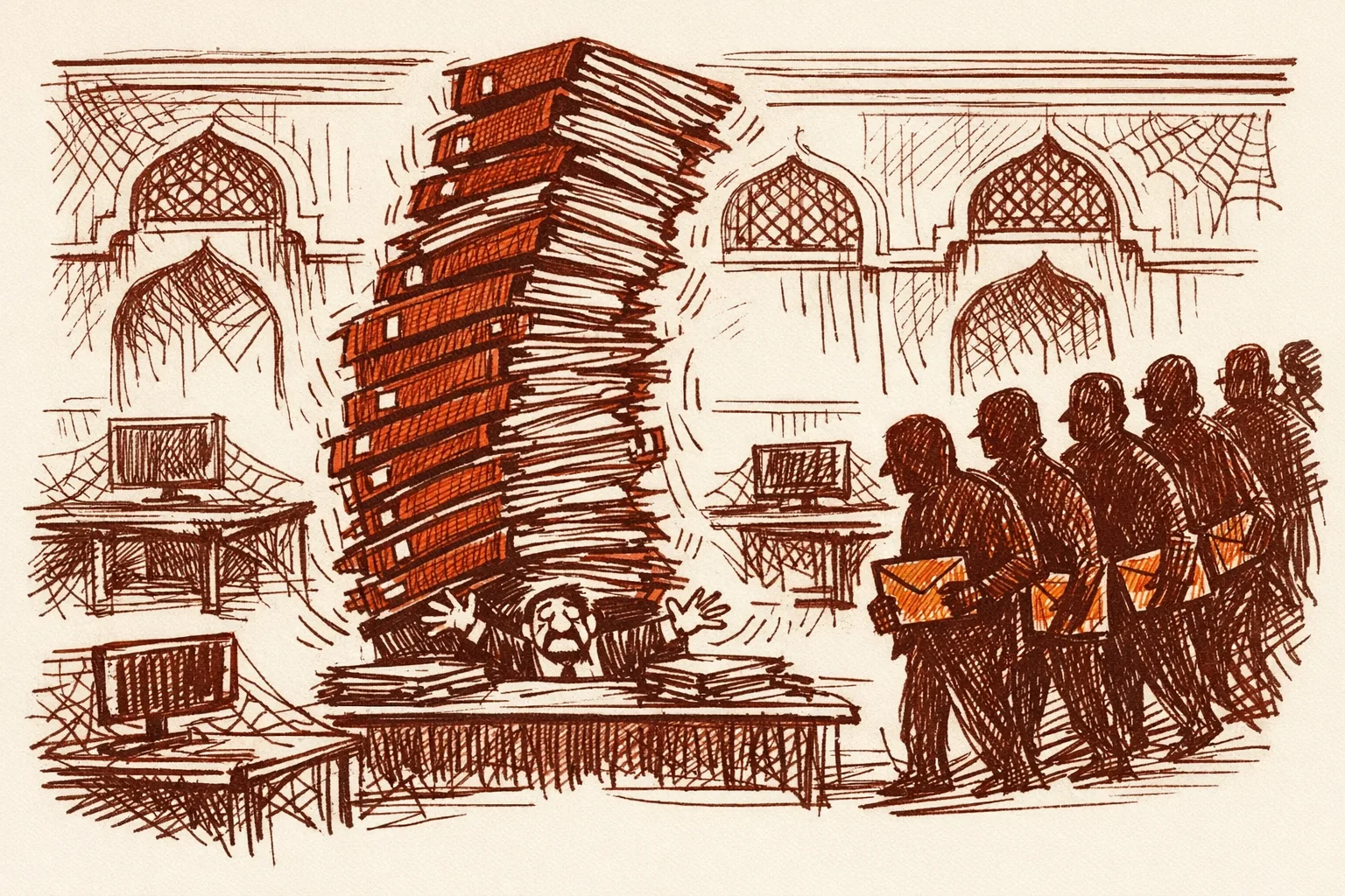 Editorial illustration of a lone overwhelmed official buried under towering files in an empty government office while shadowy figures approach with envelopes, depicting the DGCA staffing crisis and corruption risk