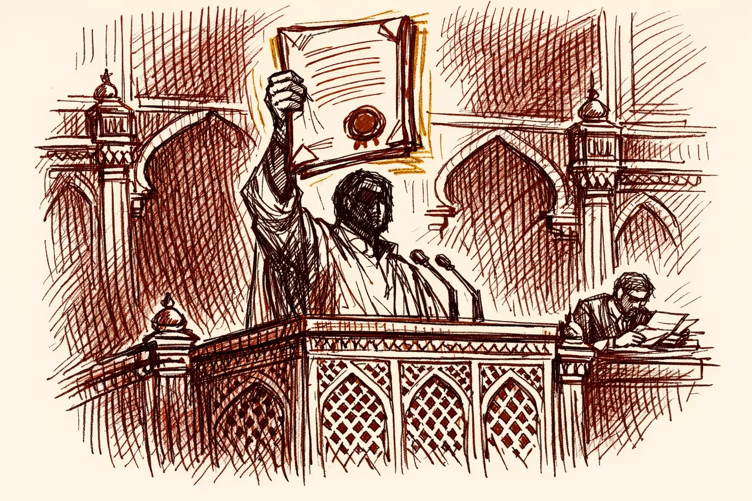 Editorial illustration of a confident diplomat at an ornate podium raising a formal document, representing the act of filing official diplomatic protests as a strategic response to territorial provocations