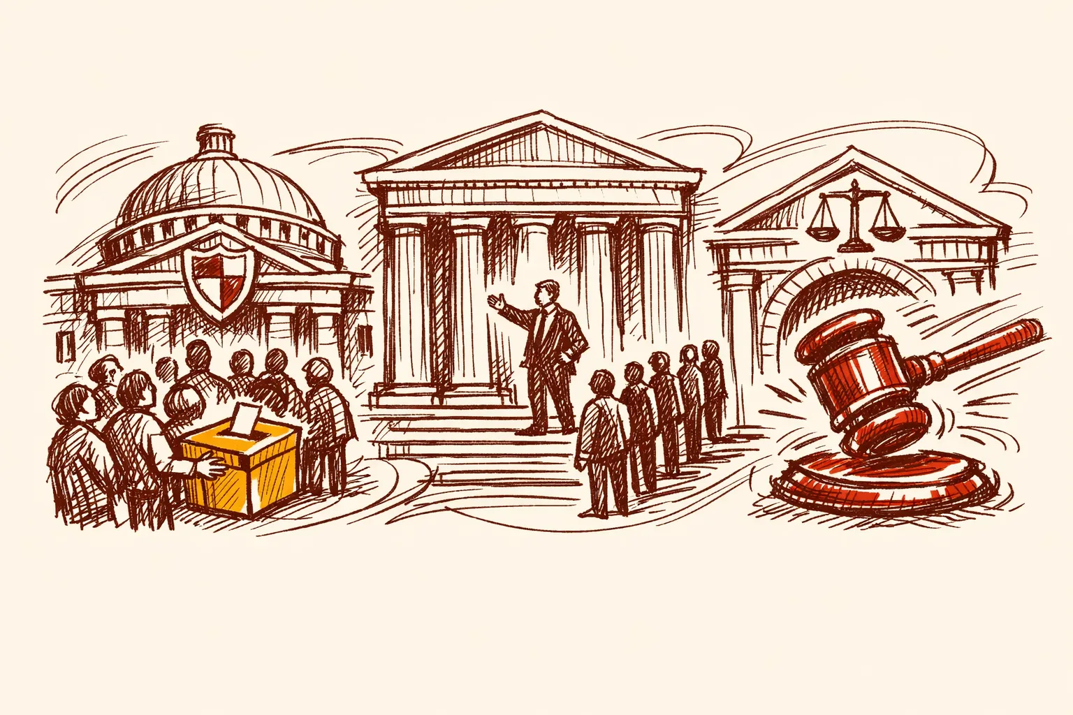 Editorial illustration showing three comparative architectural vignettes representing institutional reform models from Indonesia, Bihar, and Andhra Pradesh, depicting independent election commissions, rebuilt bureaucracies, and fast-track anti-corruption courts as lessons for West Bengal.
