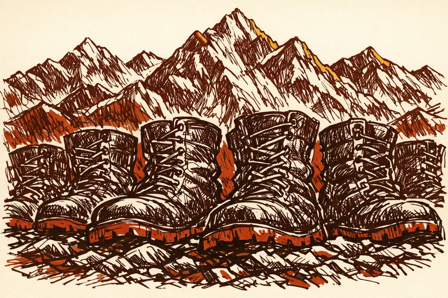 Editorial illustration of a row of military boots standing at attention on rocky high-altitude terrain with dramatic Himalayan peaks rising behind them
