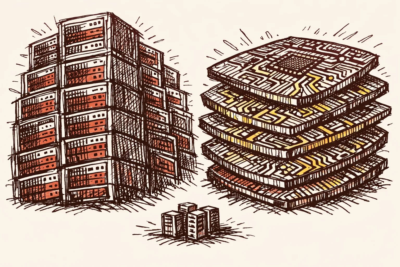 Editorial illustration comparing large server rack infrastructure and semiconductor chips on either side, with a smaller cluster in the center representing underdeveloped data centre capacity, in loose pen and ink style