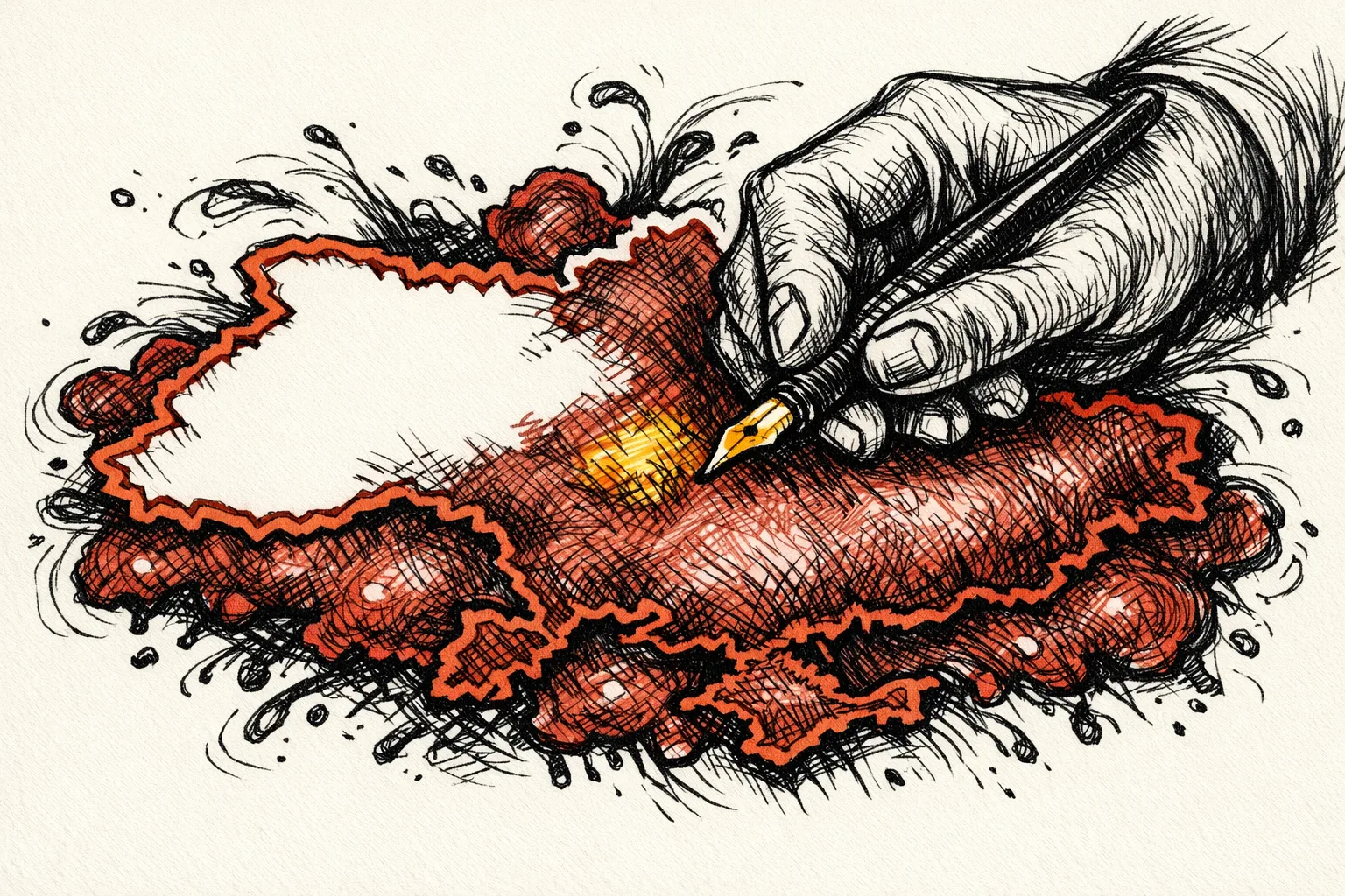 Editorial illustration of a hand drawing a map whose borders expand and bleed outward beyond legitimate boundaries, representing the Greater Bangladesh territorial concept