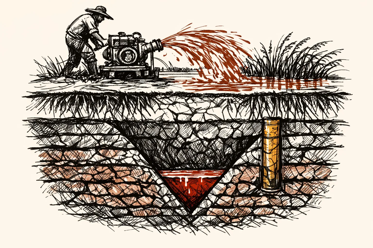 Editorial illustration showing a farmer pumping groundwater for flooded rice paddies above ground while a cross-section below reveals rapidly depleting underground aquifers, depicting the cause of India's groundwater crisis