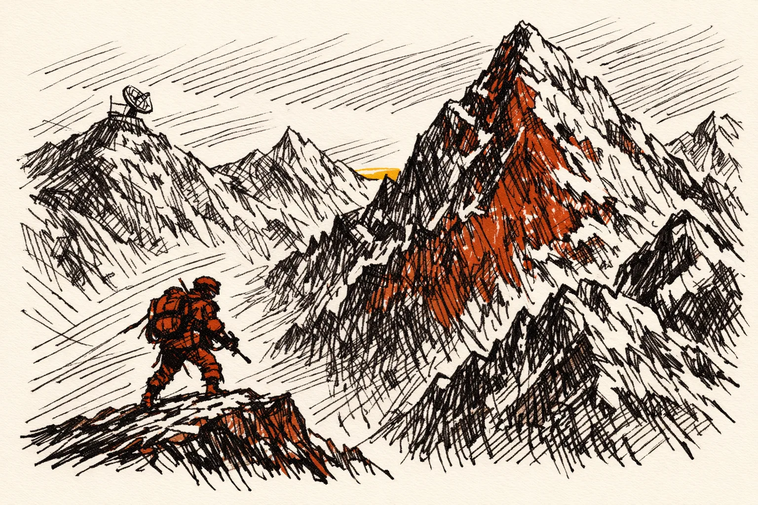 Editorial pen and ink illustration of a soldier standing on a dramatic Himalayan mountain ridge, dwarfed by towering jagged peaks, representing India's geographic advantage in high-altitude warfare along the Line of Actual Control.