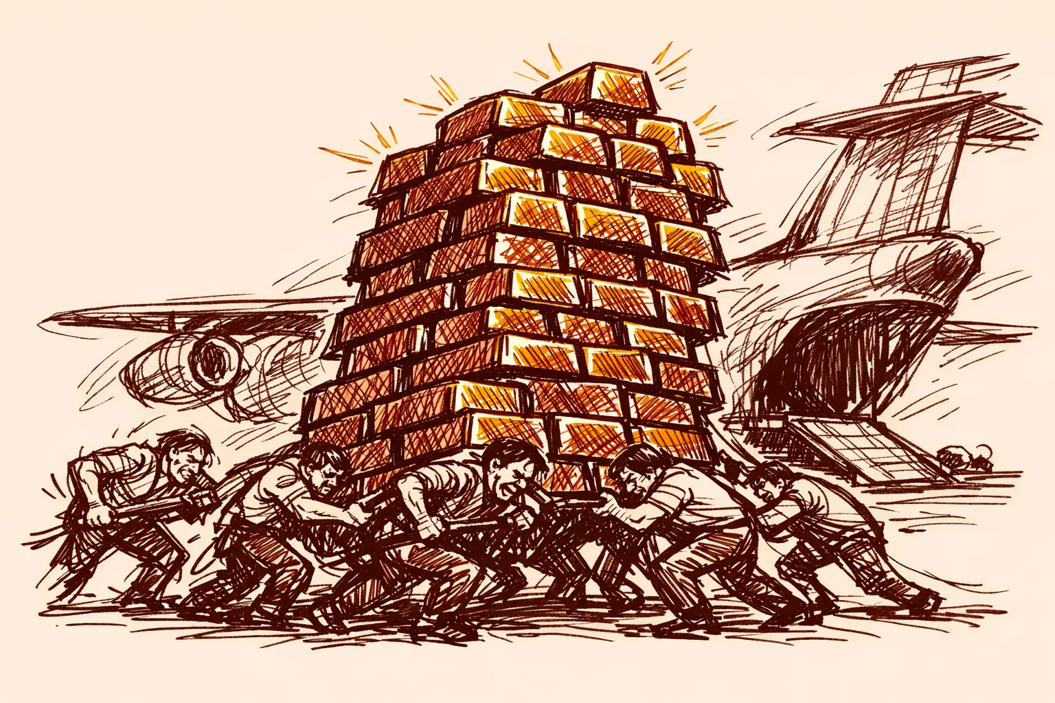 Editorial illustration of workers straining to load towering stacks of gold bars onto a cargo plane, representing India shipping gold reserves abroad during the 1991 financial crisis