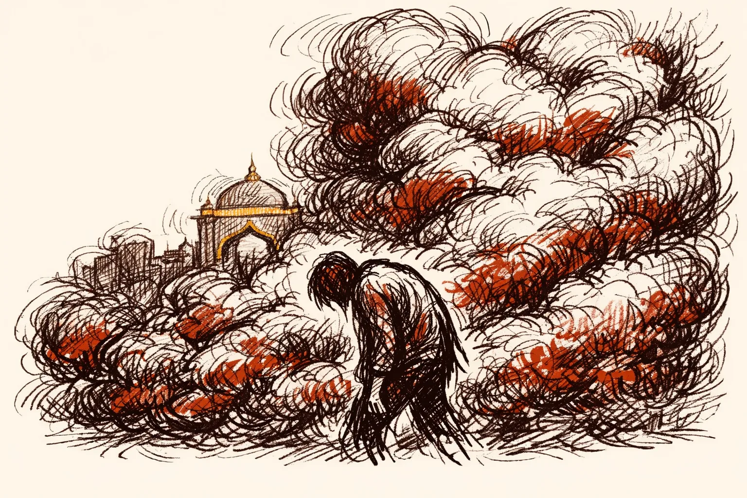 Editorial illustration of a hunched figure surrounded by thick swirling smog clouds with Indian architectural arches barely visible in the haze, representing years of life lost to air pollution in India