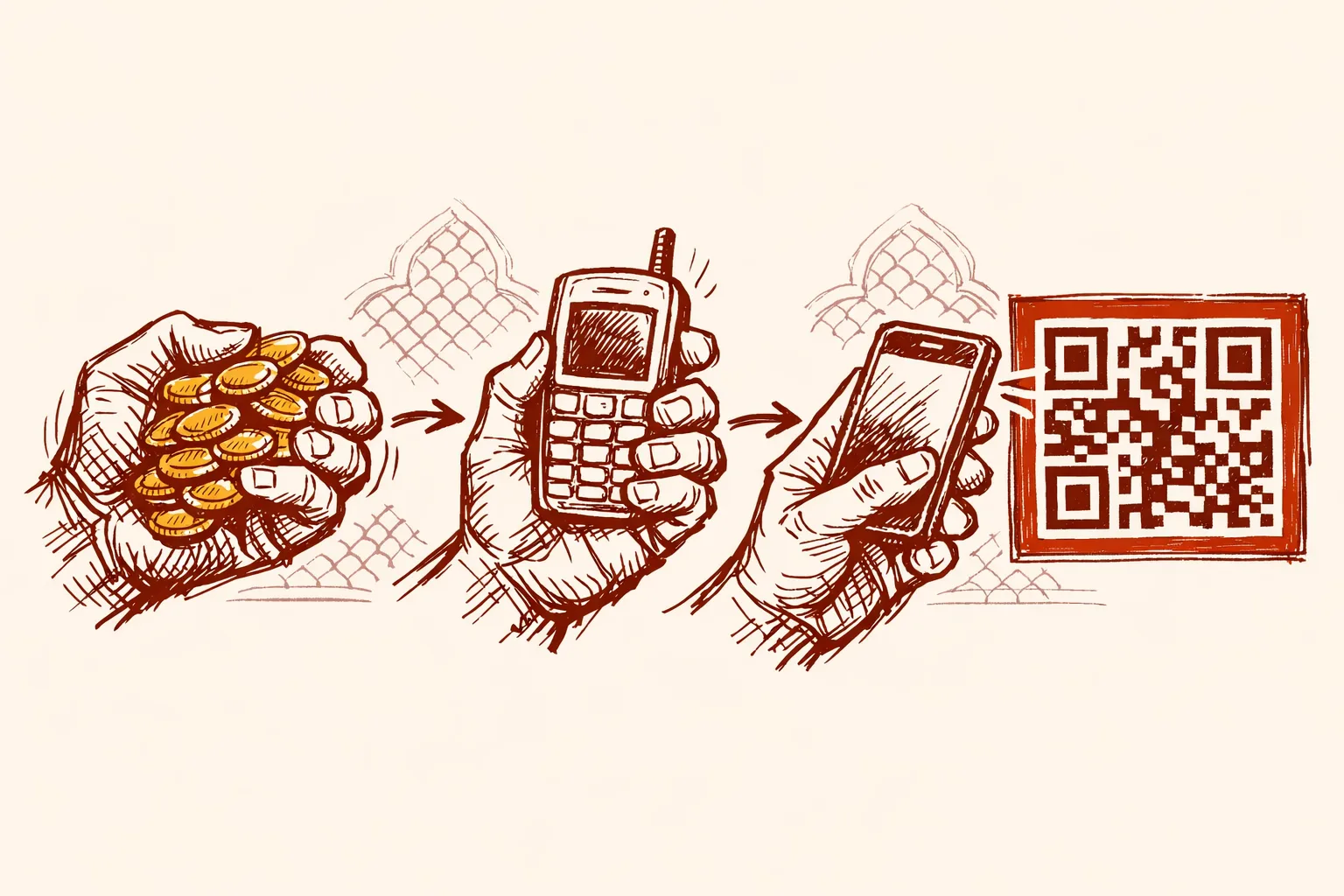 Editorial illustration of three hands in sequence — holding coins, then a basic phone, then scanning a QR code — depicting India's journey from a cash economy to digital payments.