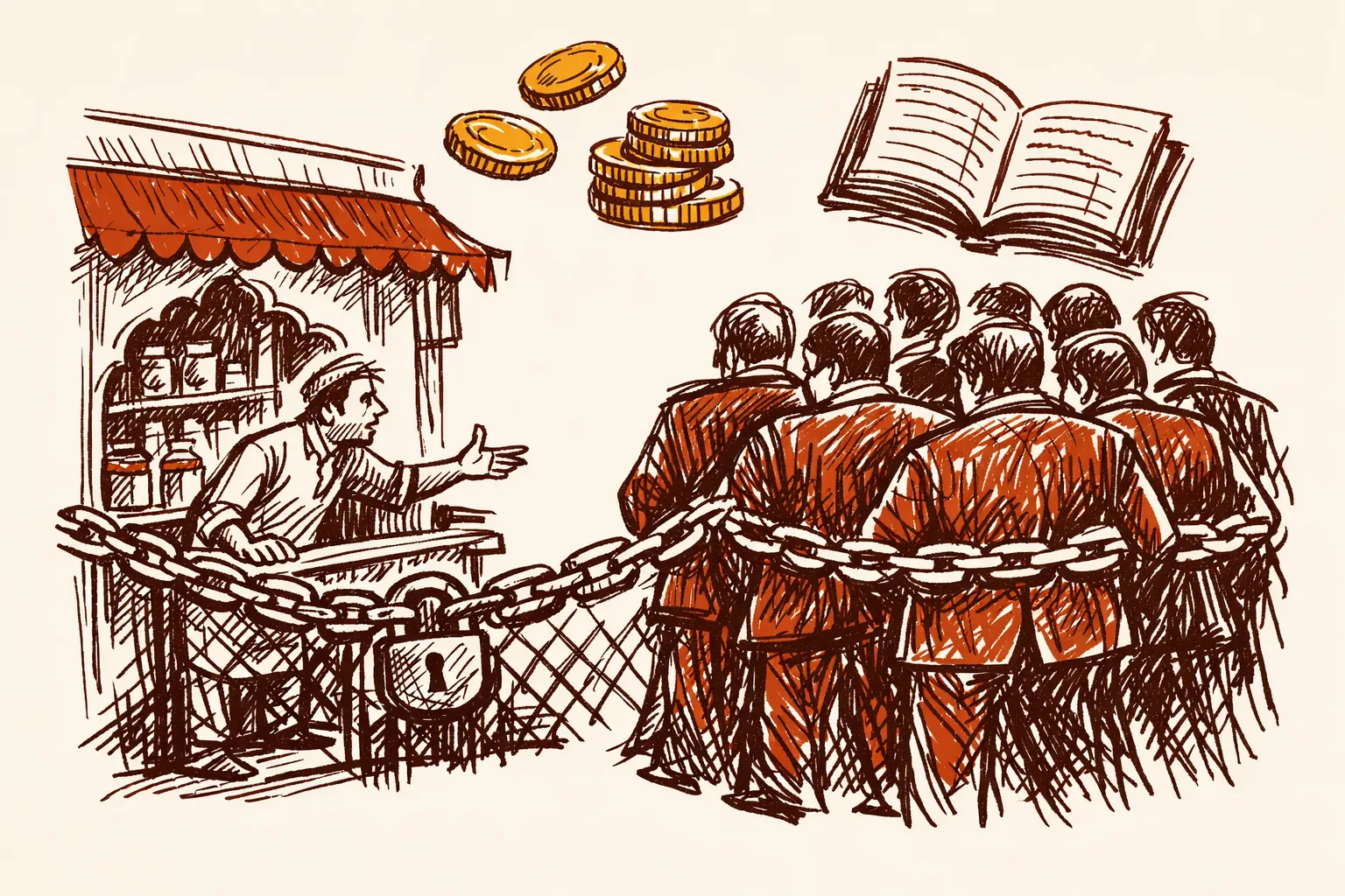 Editorial illustration showing a business owner blocked from a closed network of suppliers and creditors by a locked gate, representing how caste restricts entrepreneurship and business access in India.