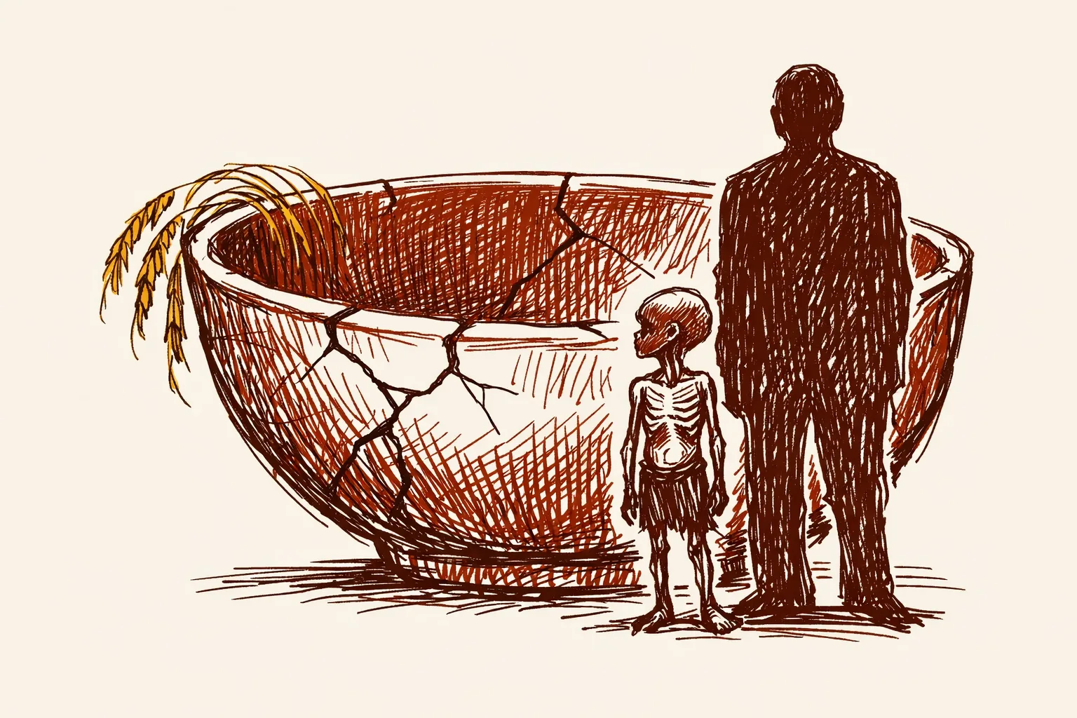 Editorial illustration of a thin small child standing beside an adult next to a large empty cracked bowl, representing India's child malnutrition and hunger crisis