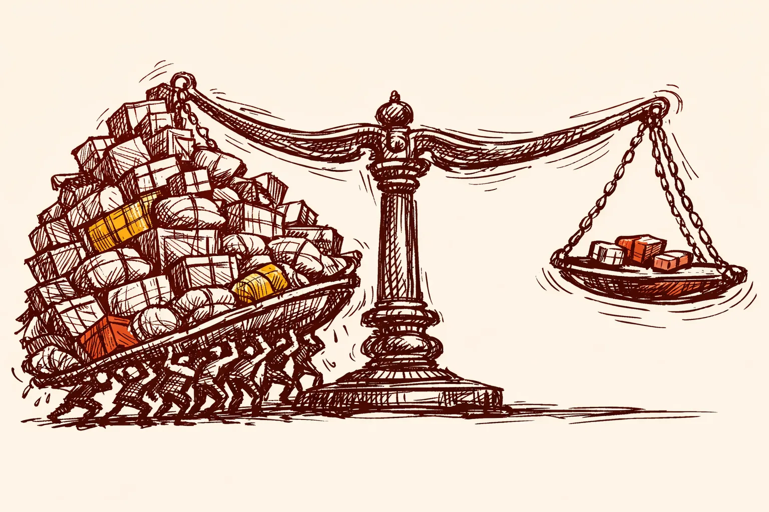 Editorial illustration of an unbalanced weighing scale dramatically overloaded on one side with cargo and goods, representing India's massive trade deficit with China