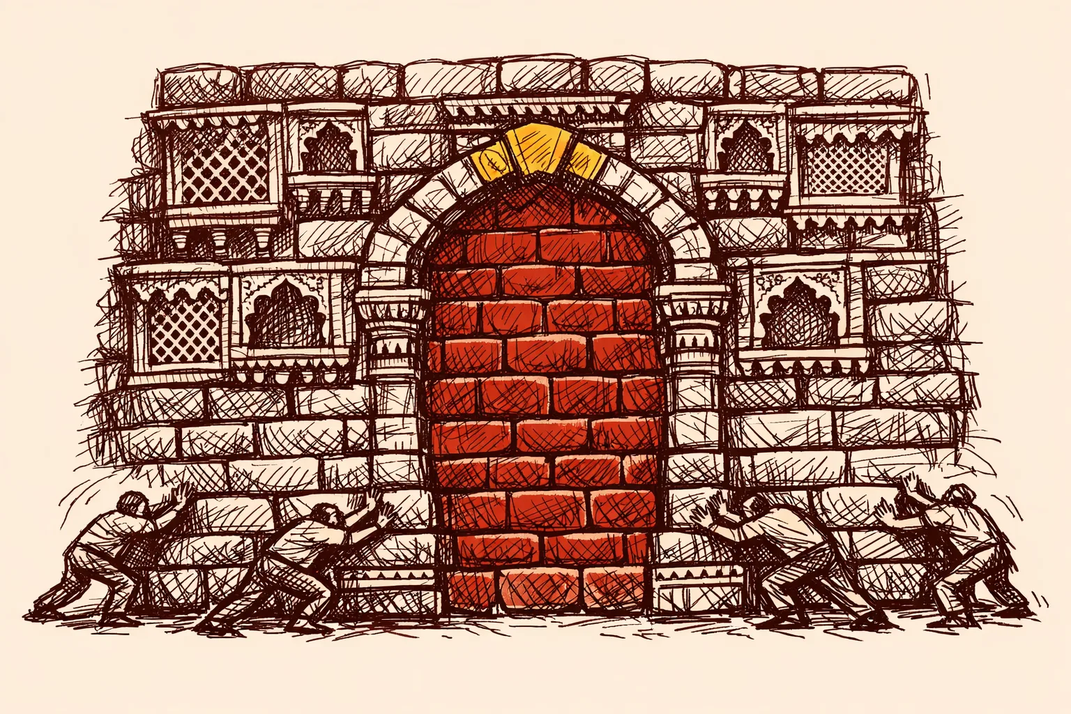 Editorial illustration of a massive wall built from Indian architectural columns and jali arches with figures unable to break through, representing the constitutional barrier against changing India's secular basic structure