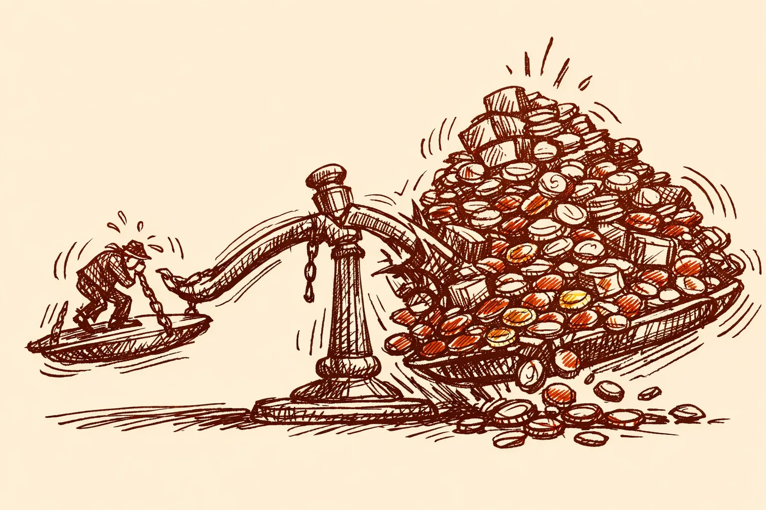 Editorial illustration of an unbalanced weighing scale, with a small struggling figure on one side being overwhelmed by a massive pile of coins on the other, representing the enormous economic cost of corruption in India.