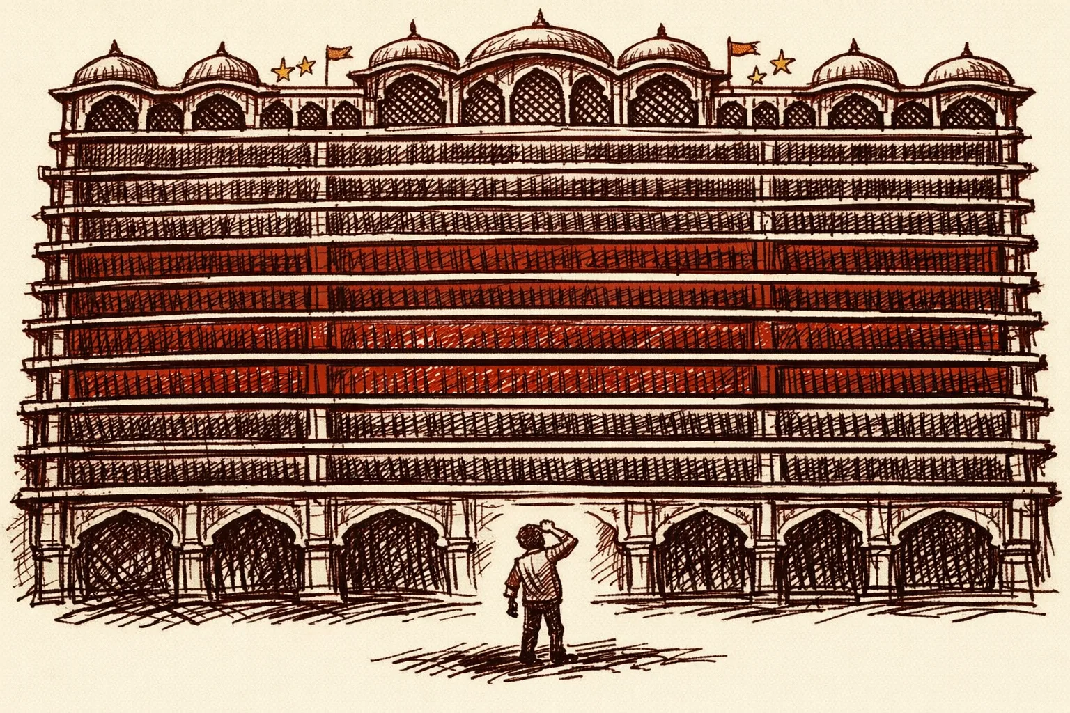 Editorial illustration of a lone figure standing before a towering ranked leaderboard structure with Indian architectural columns, looking up at India's middling position in a global corruption perception index