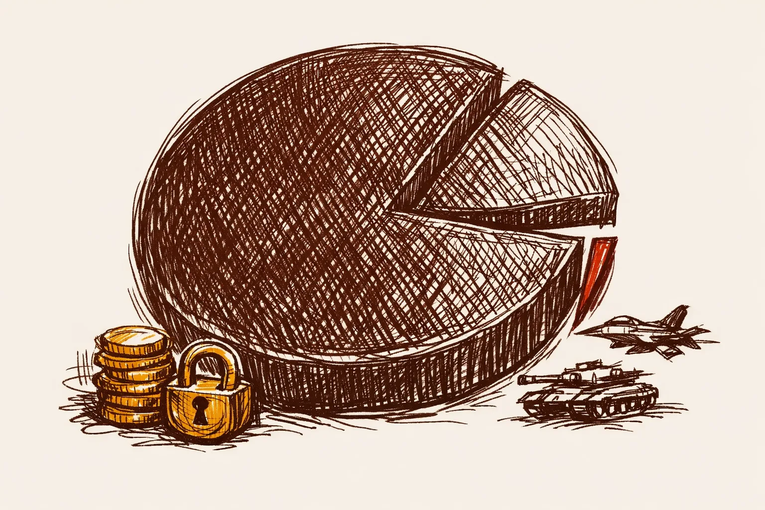 Editorial illustration of an unequal pie chart where an enormous wedge representing pensions and salaries dominates the defense budget, leaving only a thin sliver for buying new military equipment