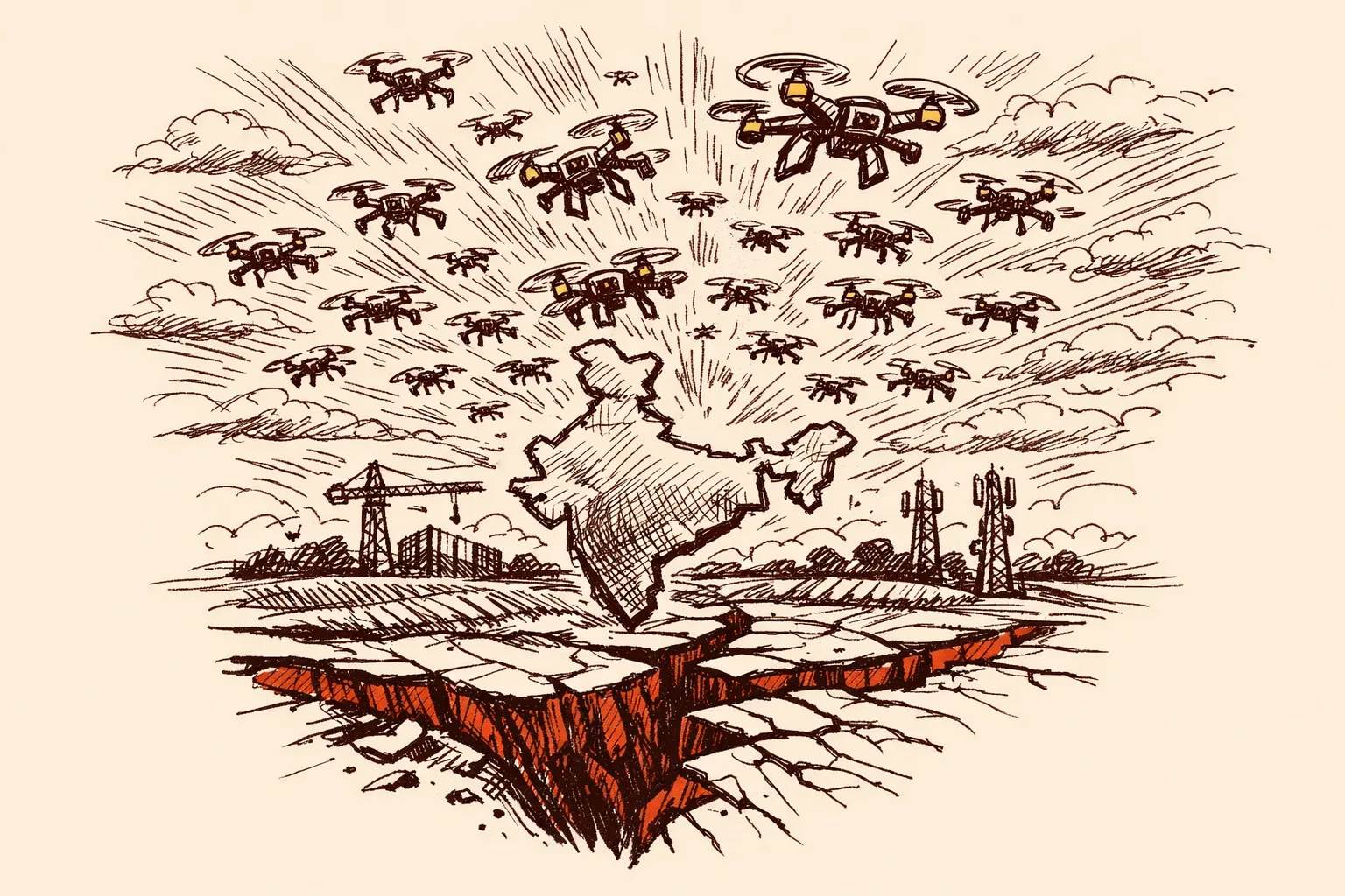 Editorial illustration of a swarm of drones flying over India with a cracking ground beneath, symbolising the growth and fragility of India's drone sector amid the bribery scandal