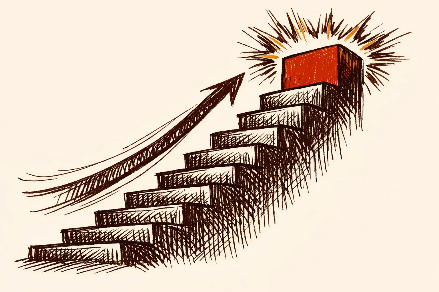 Editorial illustration of a dramatically rising staircase with the final step towering above the rest in an explosive burst, representing India's escalating military responses culminating in Operation Sindoor