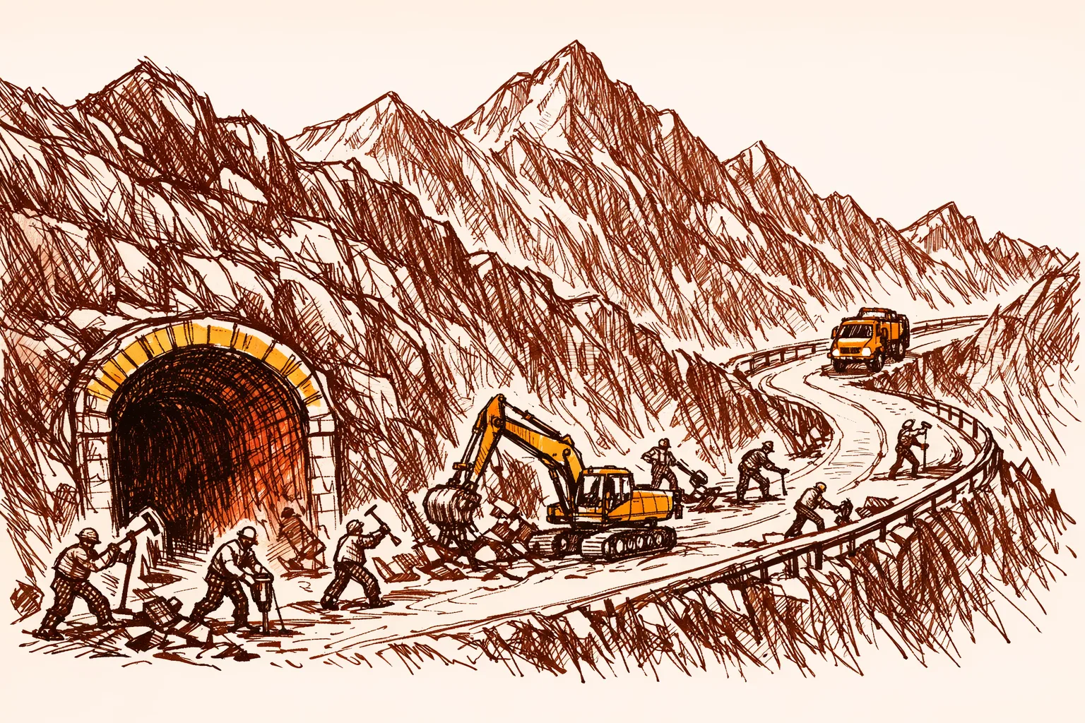Editorial illustration of workers and machinery building a winding road and tunnel through steep Himalayan mountain terrain, representing India's border infrastructure development