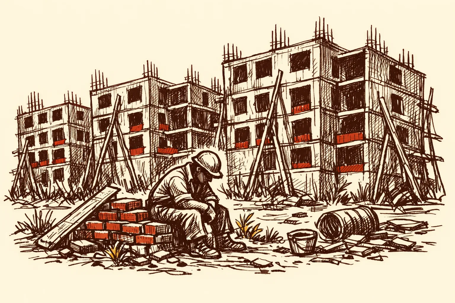 Editorial illustration of half-built concrete housing blocks with exposed rebar and crooked scaffolding, abandoned mid-construction with weeds growing at their base and an idle worker sitting on rubble, representing decades of incomplete government housing programmes in India.