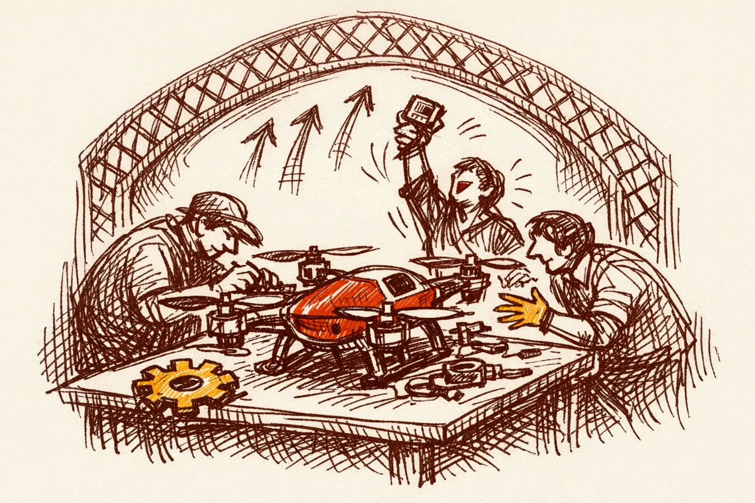 Editorial illustration of Indian engineers and startup founders collaborating on an indigenous drone prototype framed by a traditional jali arch, representing India's iDEX defence innovation programme