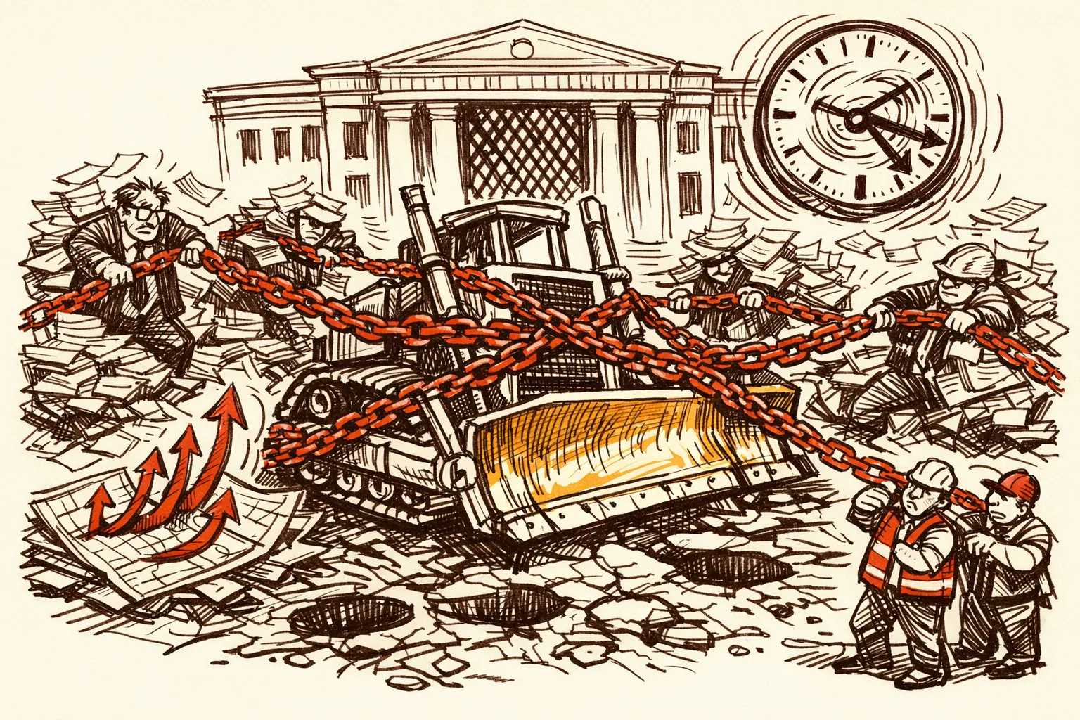 Editorial illustration of a bulldozer frozen mid-construction on a highway, bound by heavy chains pulled by bureaucratic figures buried in paperwork, representing the delays and cost overruns in Indian infrastructure projects