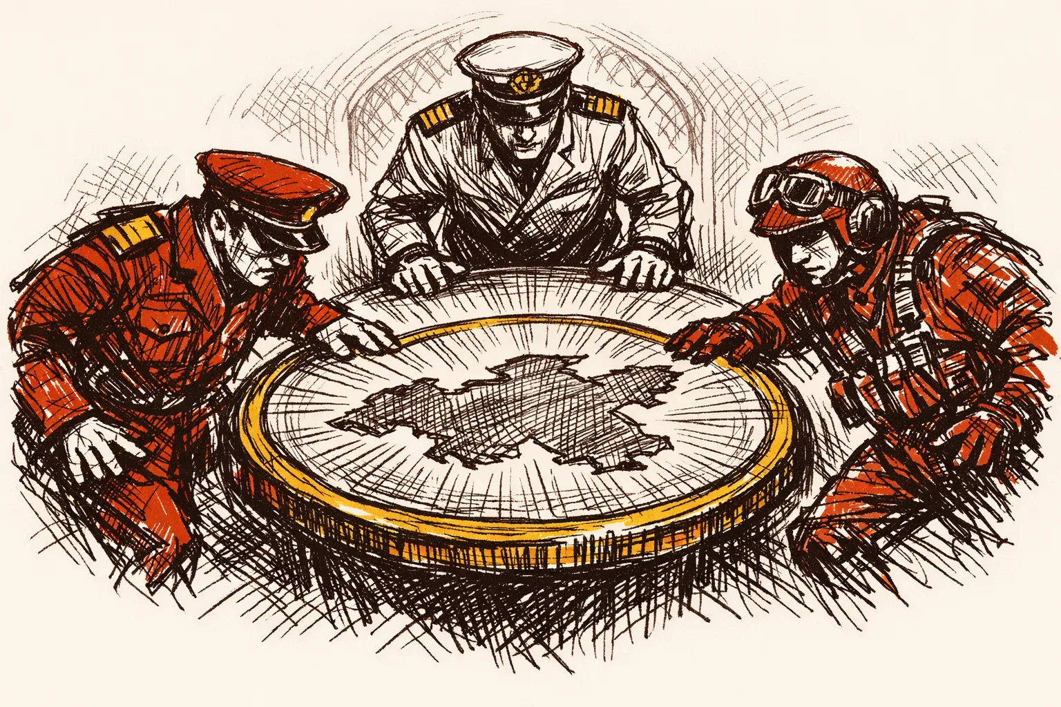 Editorial pen and ink illustration of three uniformed military figures representing army, navy and air force converging toward a central command table, symbolising the need to complete India's joint theatre command integration.