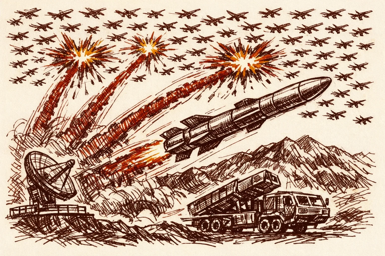 Editorial illustration showing a swarm of drones being intercepted by missile trails rising from a mountain ridgeline, depicting India's layered air defense response during Operation Sindoor