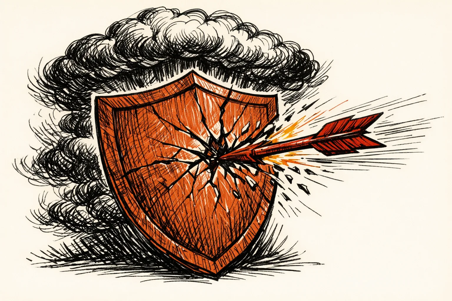 Editorial ink illustration of a bold shield being pierced by an arrow while a threatening cloud looms behind, representing India refusing to be deterred by Pakistan's nuclear signalling during Operation Sindoor
