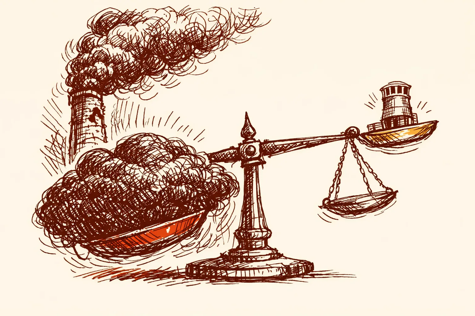 Editorial illustration of an unbalanced scale with heavy smog mass on one side and a small pollution filter on the other, representing how the economic cost of dirty air vastly outweighs the cost of clean air technology
