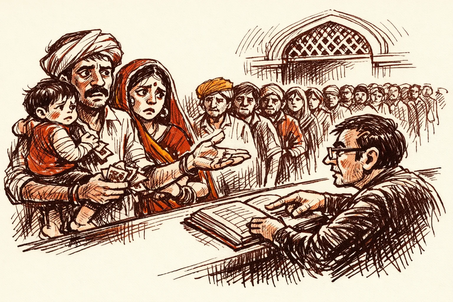 Editorial illustration of a rural Indian family at a hospital counter, a child with a bandaged arm, parents holding insufficient rupee notes, unable to afford rabies post-exposure treatment