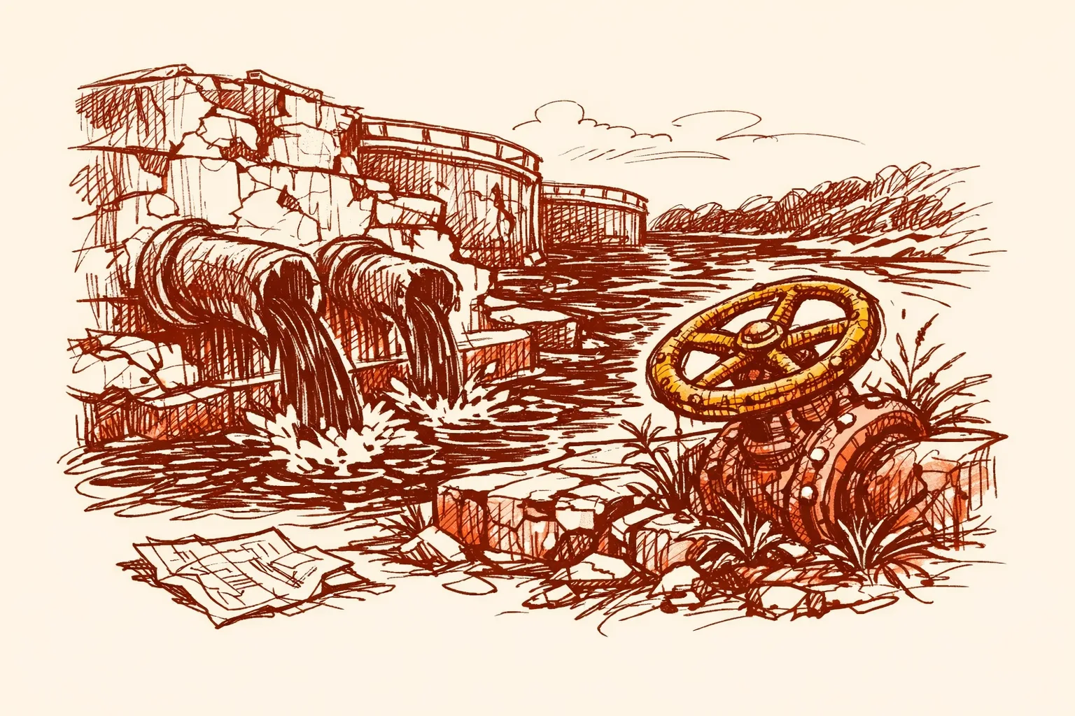 Editorial illustration of a broken crumbling sewage treatment plant with pipes spilling untreated water into a dark river, representing decades of failed water cleanup attempts in India