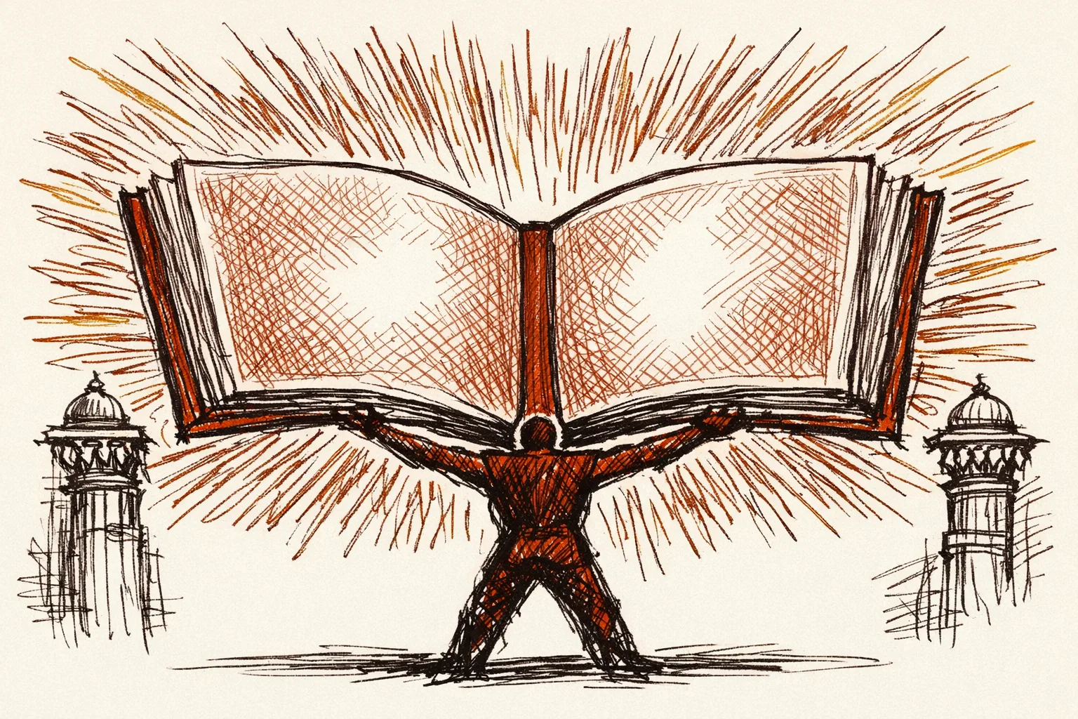 Editorial illustration of a bold figure holding open an enormous ledger book with light radiating outward behind it, representing the reform demand for a public registry of government content blocking orders in India