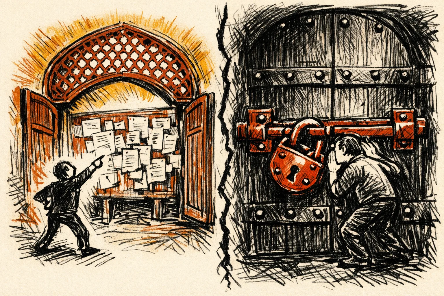 Editorial illustration contrasting an open arched window with visible public notices and a figure pointing at them against a heavy padlocked sealed door with a confused figure, representing transparent content moderation accountability abroad versus opacity in India