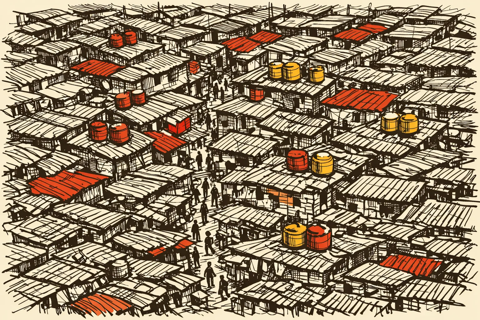 Editorial illustration showing an aerial view of densely packed informal housing rooftops stretching across an Indian city, with tiny figures in narrow lanes below, conveying the overwhelming scale of the urban slum housing problem.