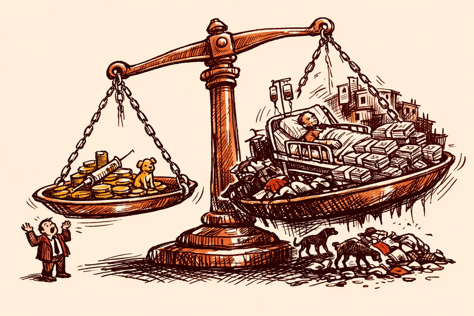 Editorial illustration of a weighing scale with a small investment in dog sterilization on one side against the massive recurring economic burden of hospital costs and stray dog attacks on the other
