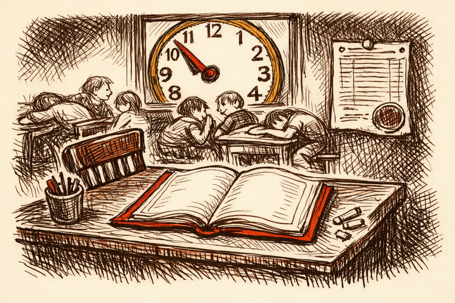 Editorial illustration of an empty teacher's desk with an open payroll ledger and a clock on the wall while children sit unsupervised in the background, representing teacher absenteeism and the lack of accountability in India's government school system.