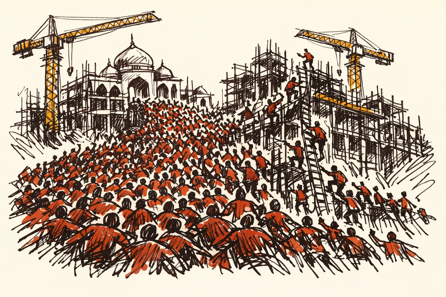 Editorial illustration showing a massive crowd of people surging toward a half-built city skyline with cranes and scaffolding, representing India's urban population growth outpacing infrastructure construction