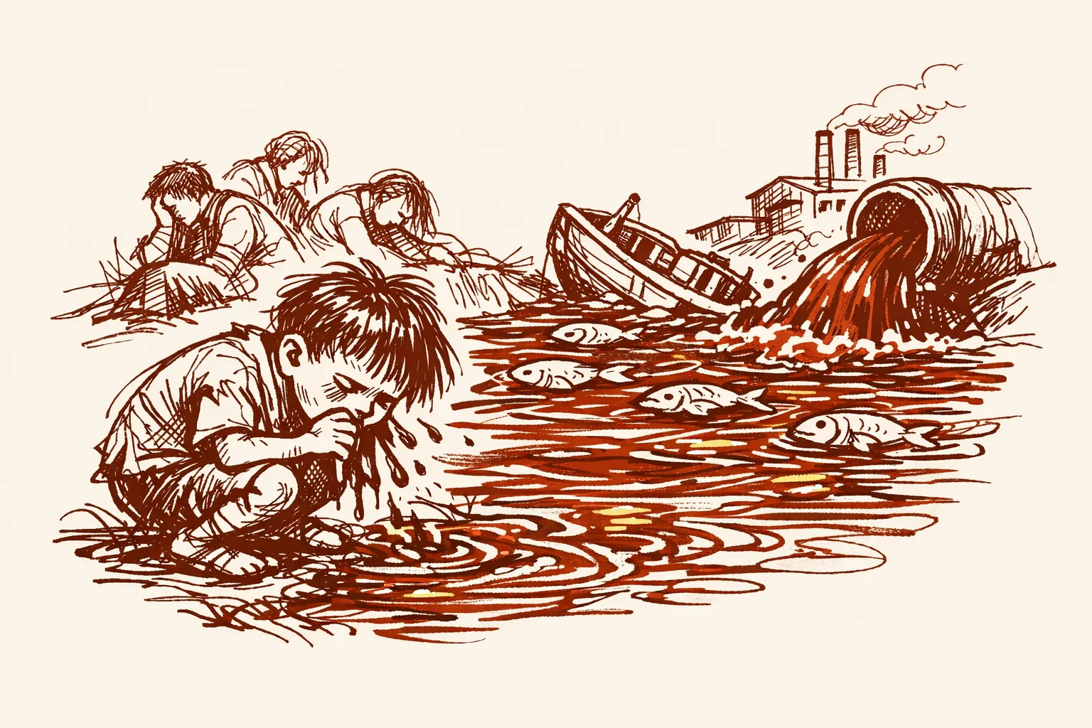 Editorial illustration of a sick child beside a polluted river with capsized fishing boats and a factory pipe discharging dark water, representing the health and economic toll of water pollution in India